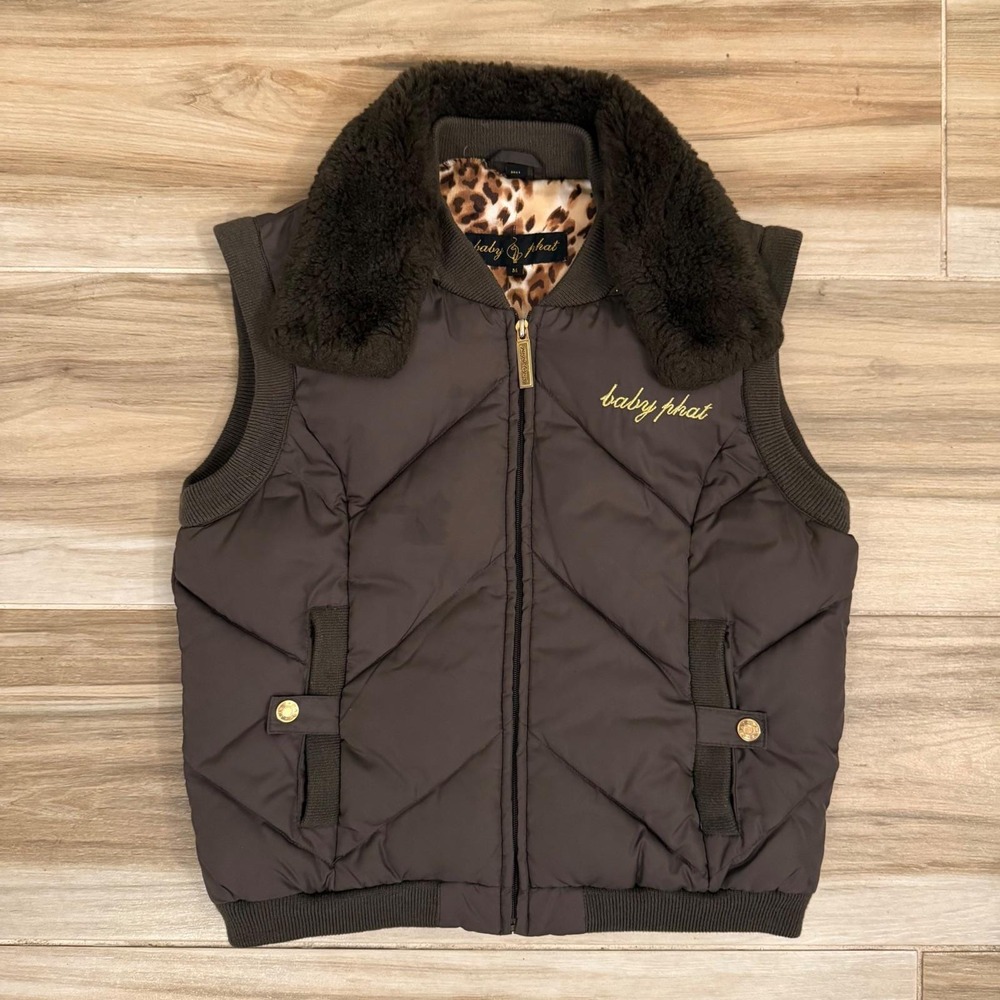 Baby Phat Brown Quilted Puffer Vest Faux Fur Collar Leopard Lining Womens Medium